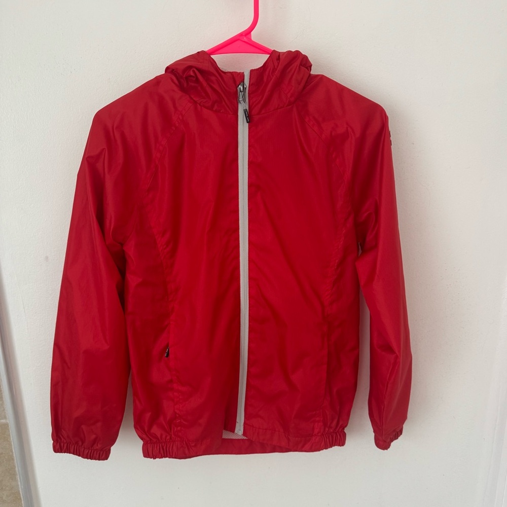 Red Raincoat with Hood and Water-Resistant Material